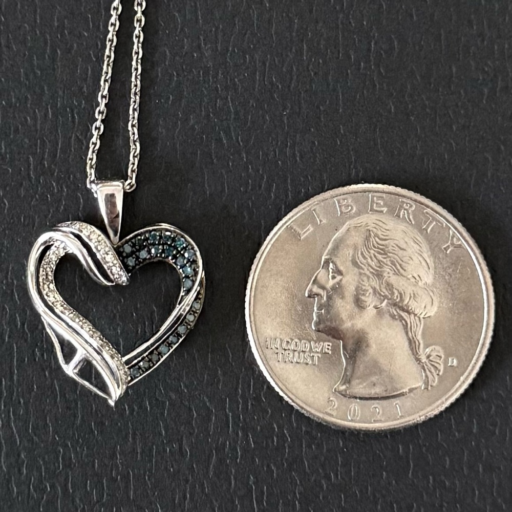 Genuine Blue & White Diamond Heart Necklace 925 Sterling Silver - 21 Inch Chain - Picture 5 of 9